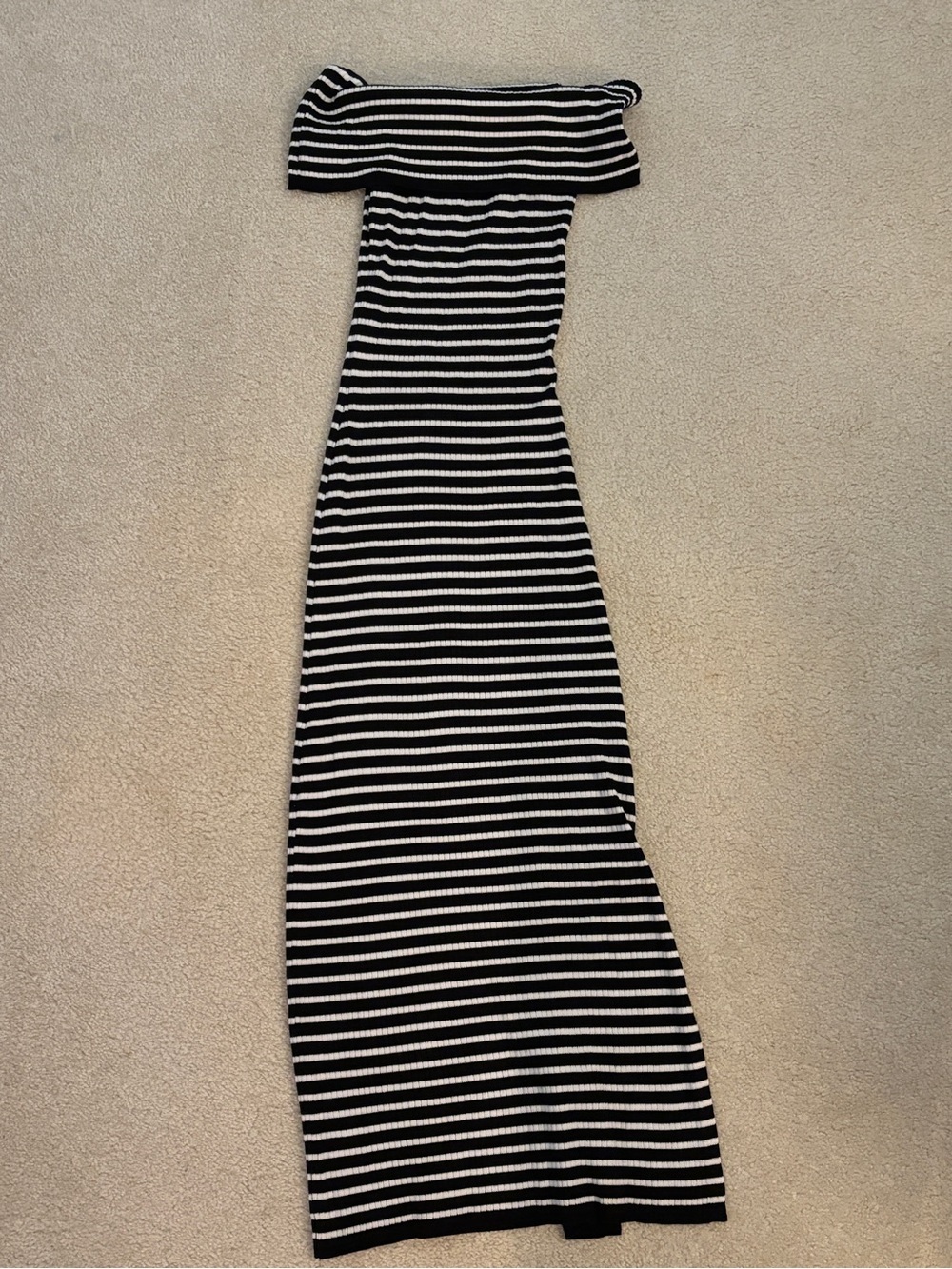 Black and White Striped Off-the-Shoulder Maxi Dress